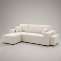 Canapé d’angle 3 places avec méridienne gauche, 2 poufs et 2 coussins en velours côtelé polyester crème, 240 × 150 × 85 cm