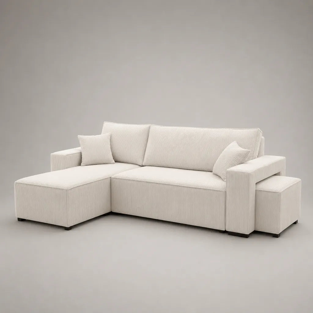 Canapé d’angle 3 places avec méridienne gauche, 2 poufs et 2 coussins en velours côtelé polyester crème, 240 × 150 × 85 cm