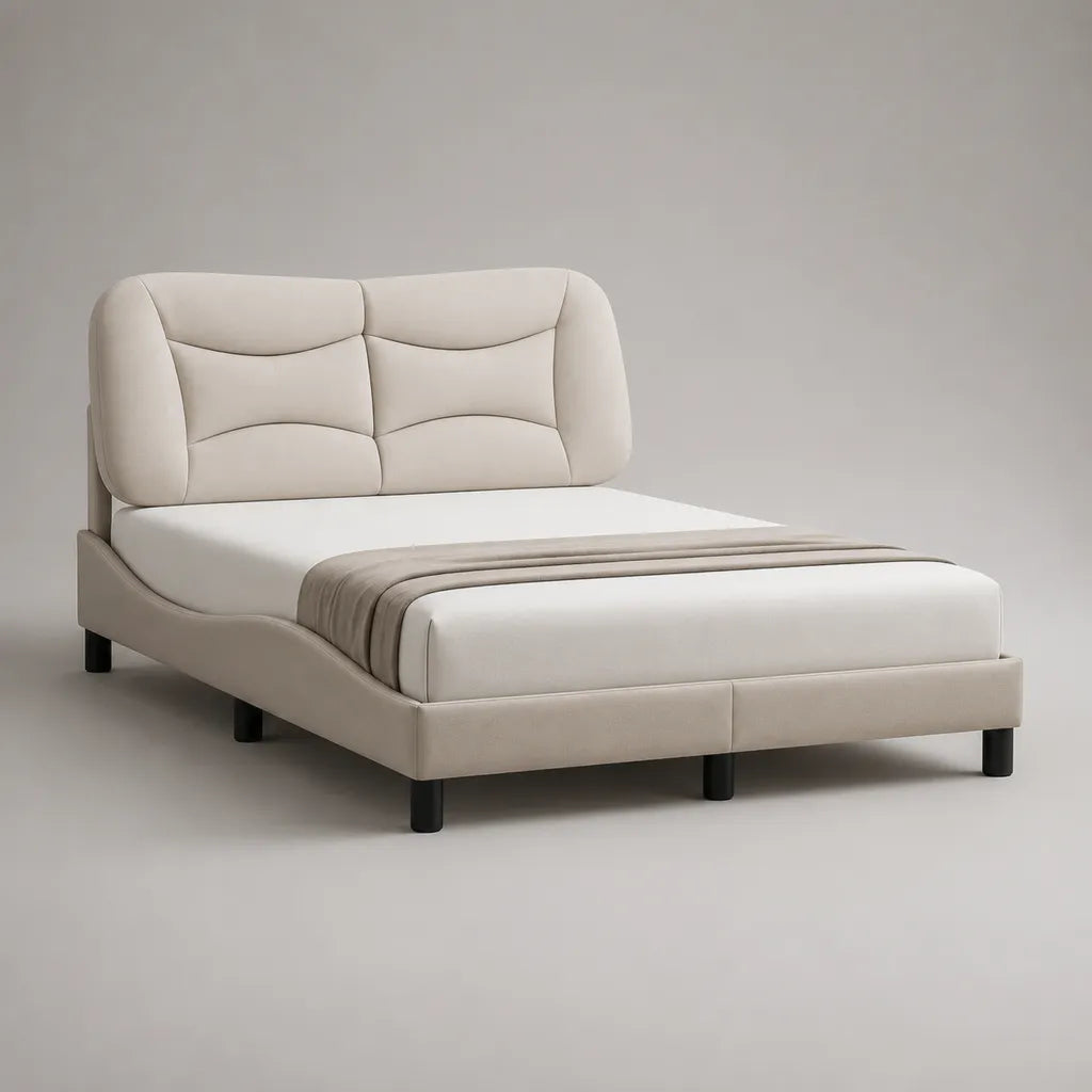 Lit double rembourré en tissu beige 160 x 200 cm, dimensions 178 x 220 x 115 cm, tête de lit matelassée et pieds noirs