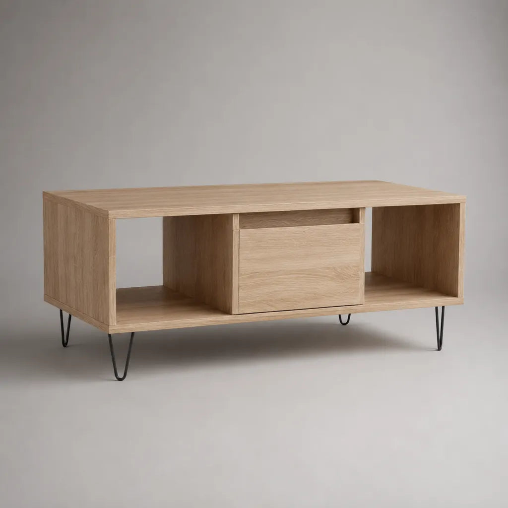 Table basse rectangulaire avec rangements en panneaux de particules décor chêne clair et acier noir, 100 × 50 × 45 cm