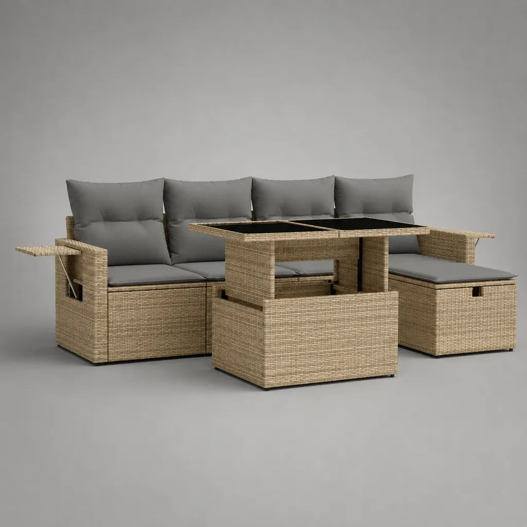 Salon de jardin 6 places 4 pièces en rotin synthétique beige avec coussins gris et table relevable noire, 228 x 145 x 85 cm