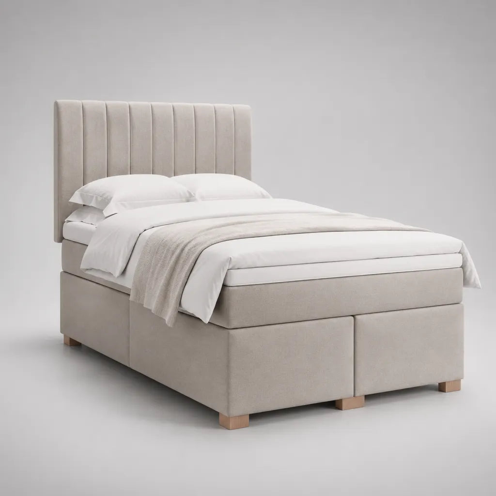 Lit double rembourré en polyester beige 160 × 200 cm, dimensions 168 × 210 × 120 cm, tête de lit à panneaux verticaux et sommier plateforme
