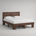 Lit double en bois brun noyer 160 × 200 cm, dimensions 168 × 214 × 110 cm, tête de lit et sommier à lattes