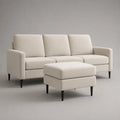 Ensemble canapé 3 places et pouf rectangulaire en tissu ivoire et bois noir – canapé 198 × 82 × 84 cm, pouf 72 × 58 × 44 cm