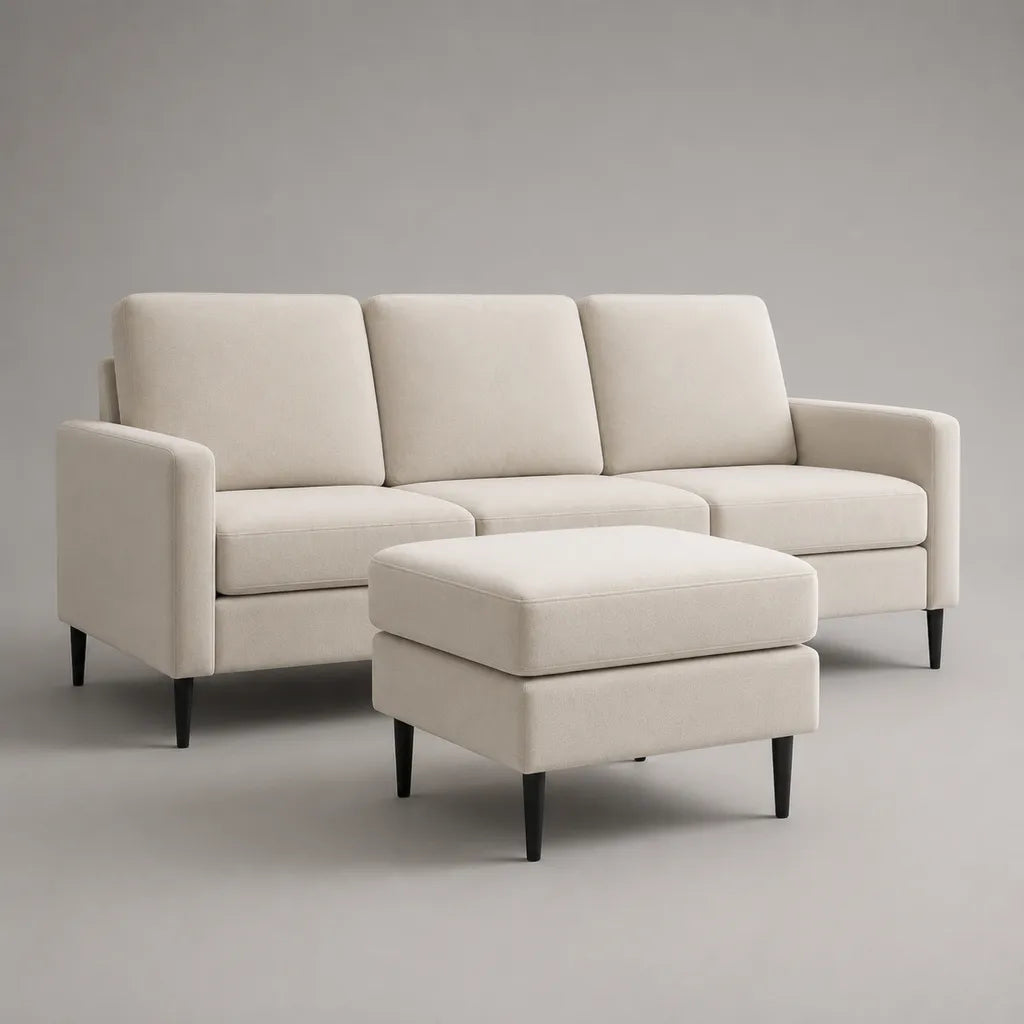 Ensemble canapé 3 places et pouf rectangulaire en tissu ivoire et bois noir – canapé 198 × 82 × 84 cm, pouf 72 × 58 × 44 cm