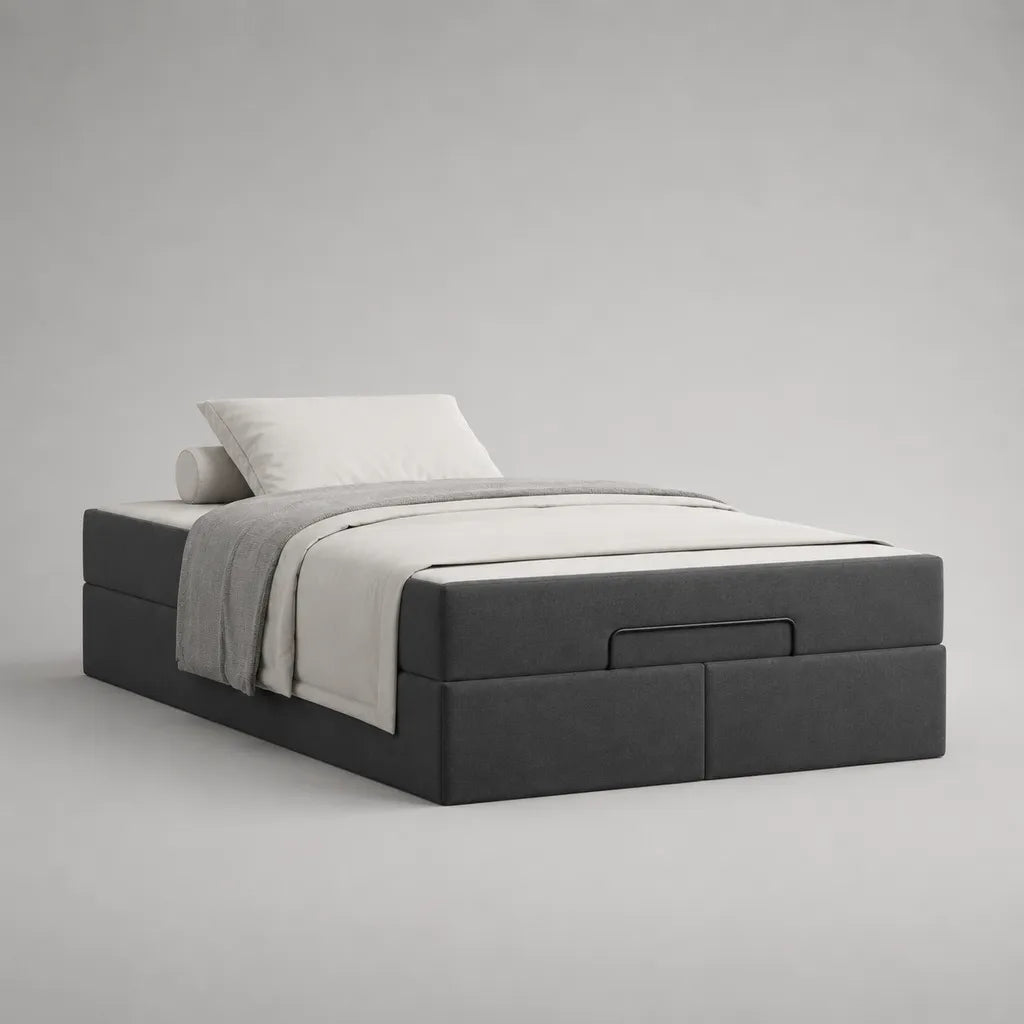 Lit coffre 1 place rembourré en polyester gris anthracite avec sommier relevable, couchage 90 × 200 cm, dimensions 215 × 105 × 48 cm
