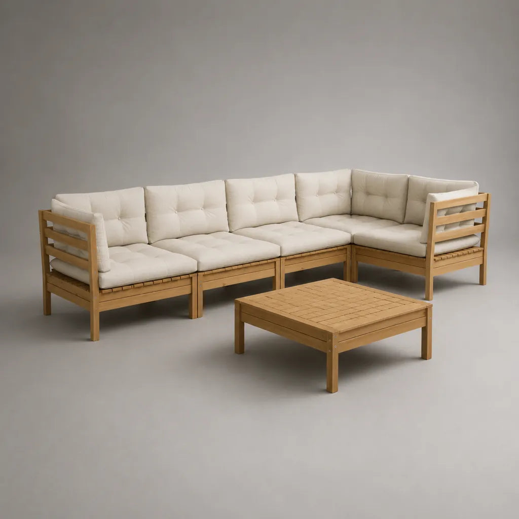 Ensemble de jardin d’angle 5 places en acacia massif, coussins écrus, canapé 252 × 168 × 76 cm et table basse 90 × 90 × 40 cm