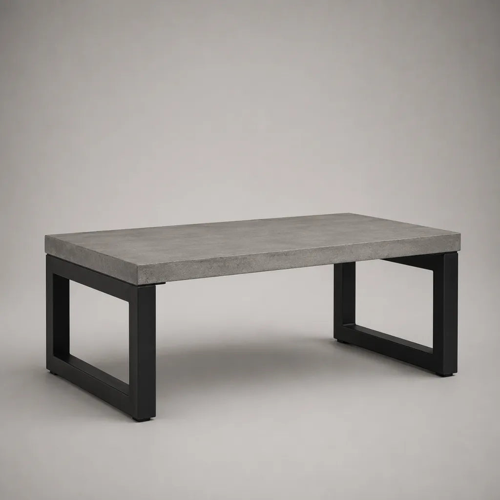 Table basse rectangulaire en MDF effet béton gris et acier noir, 100 × 50 × 45 cm