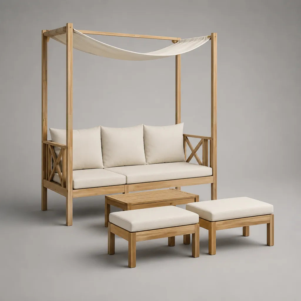 Ensemble de jardin 4 pièces en bois d’acacia massif et tissu beige avec banc à baldaquin 3 places 180 × 80 × 220 cm, table basse et 2 repose-pieds
