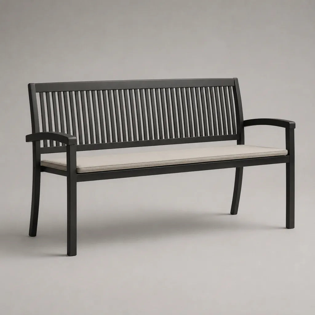 Banc extérieur 2 places en acier noir avec coussin en tissu beige, 127 × 60 × 85 cm