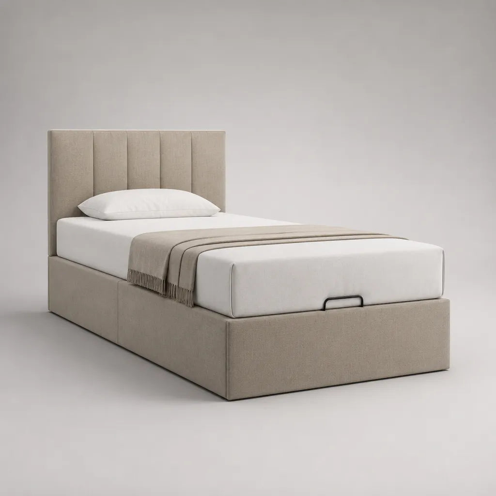 Lit coffre 1 place avec tête de lit rembourrée, revêtement en tissu beige, couchage 90 × 190 cm