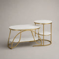 Table basse asymétrique ovale et ronde en bois et métal, blanc effet marbre et doré, 105 × 55 × 60 cm