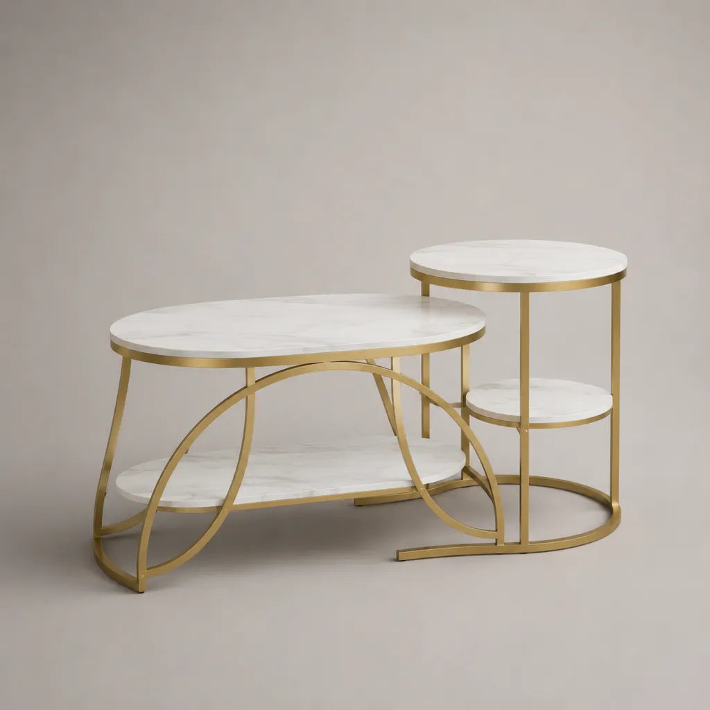 Table basse asymétrique ovale et ronde en bois et métal, blanc effet marbre et doré, 105 × 55 × 60 cm