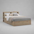 Lit double 160 × 200 cm en bois avec tête de lit bibliothèque et 4 tiroirs, décor chêne beige