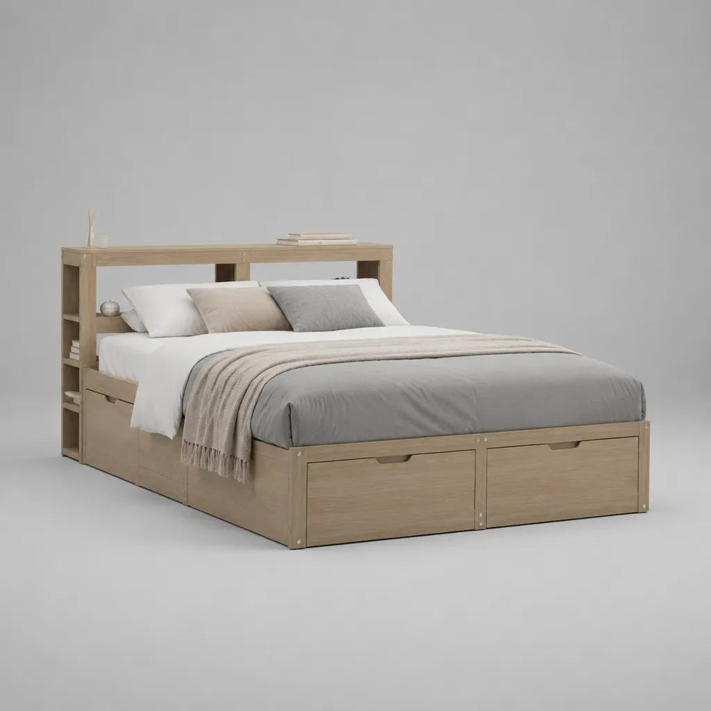 Lit double 160 × 200 cm en bois avec tête de lit bibliothèque et 4 tiroirs, décor chêne beige