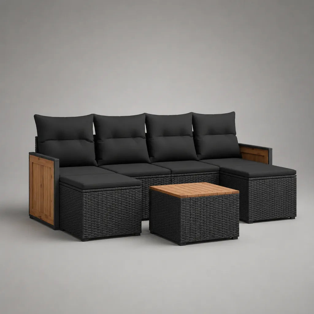 Canapé de jardin d’angle modulable 6 places, ensemble 7 pièces en résine tressée noire et bois marron naturel, 245 × 180 × 78 cm