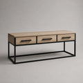 Table basse rectangulaire à 3 tiroirs en panneaux de particules mélaminés et acier noir, chêne clair, 120 × 50 × 50 cm
