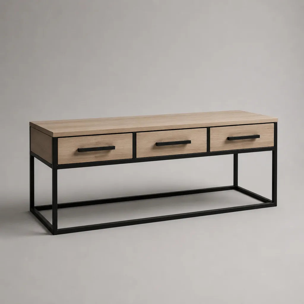Table basse rectangulaire à 3 tiroirs en panneaux de particules mélaminés et acier noir, chêne clair, 120 × 50 × 50 cm