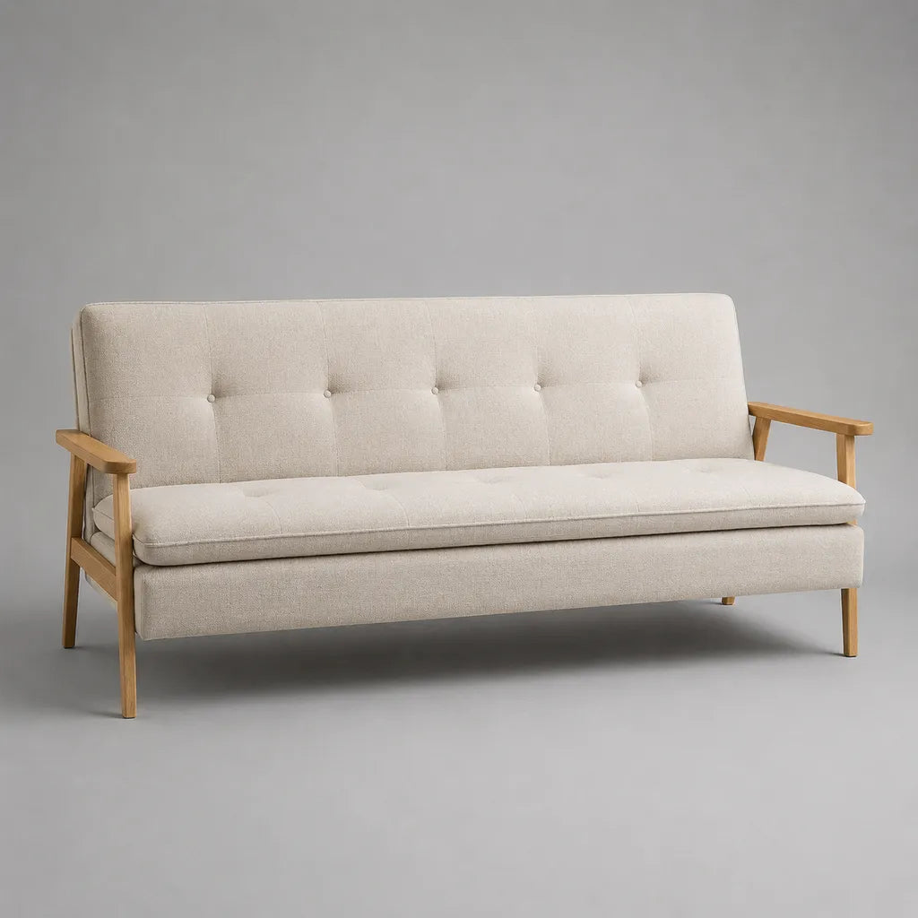 Canapé droit 3 places en polyester beige et bois, 190 × 80 × 84 cm