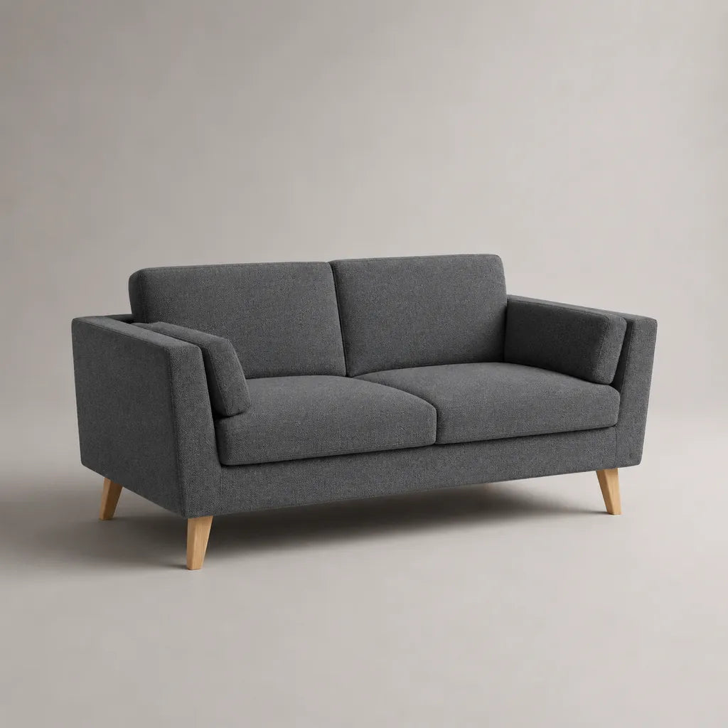 Canapé droit 2 places en polyester gris foncé avec pieds en hêtre massif, 160 × 82 × 84 cm