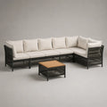 Salon de jardin d’angle 5 places avec table basse en acier, résine tressée PE et acacia, noir, beige et marron naturel, 259 × 190 × 78 cm