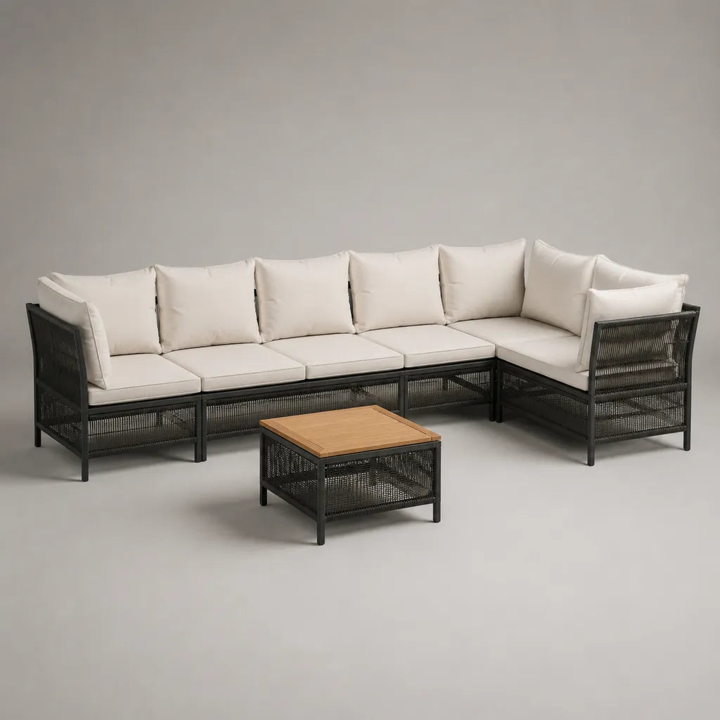 Salon de jardin d’angle 5 places avec table basse en acier, résine tressée PE et acacia, noir, beige et marron naturel, 259 × 190 × 78 cm