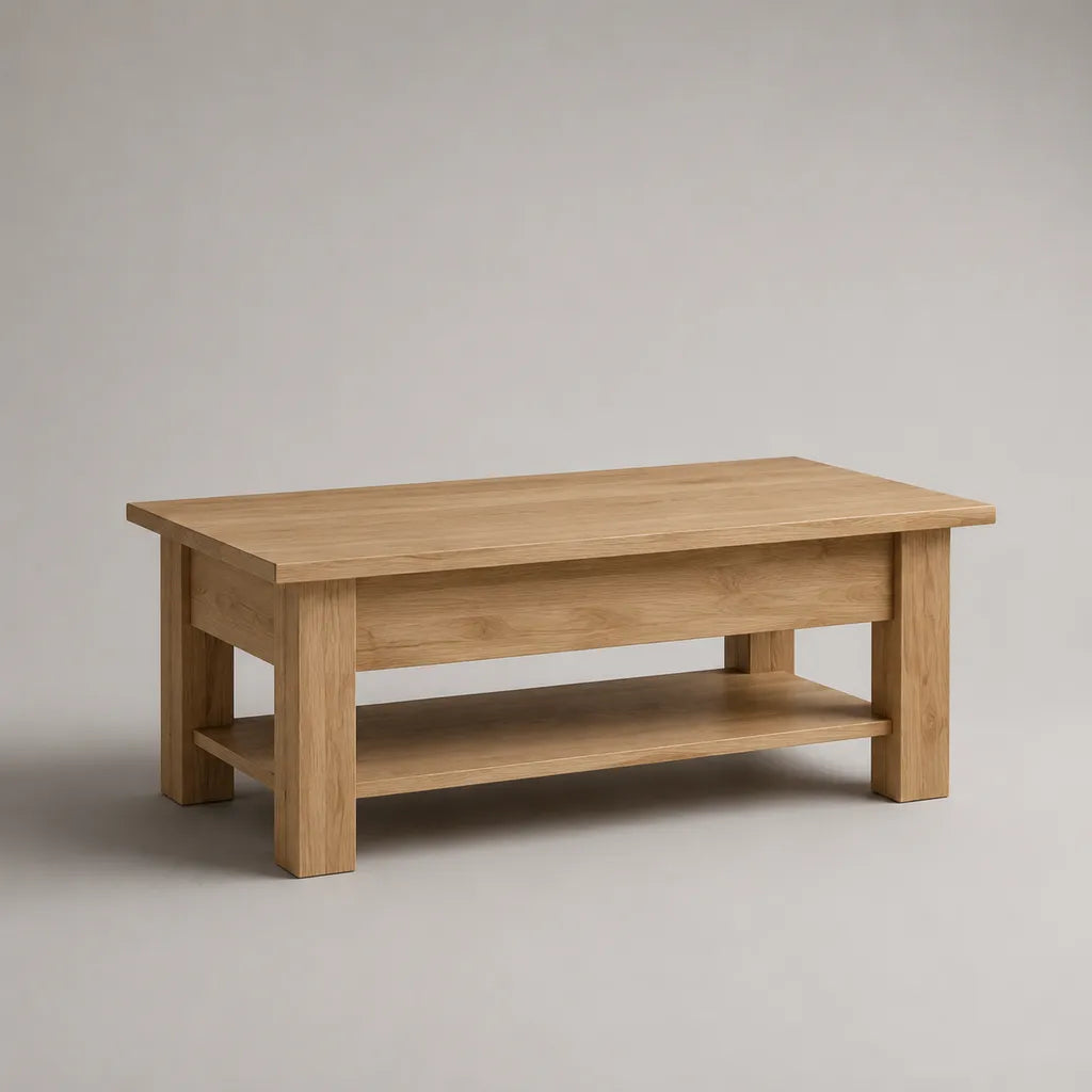 Table basse rectangulaire en chêne massif avec étagère de rangement, chêne naturel, 100 × 55 × 45 cm