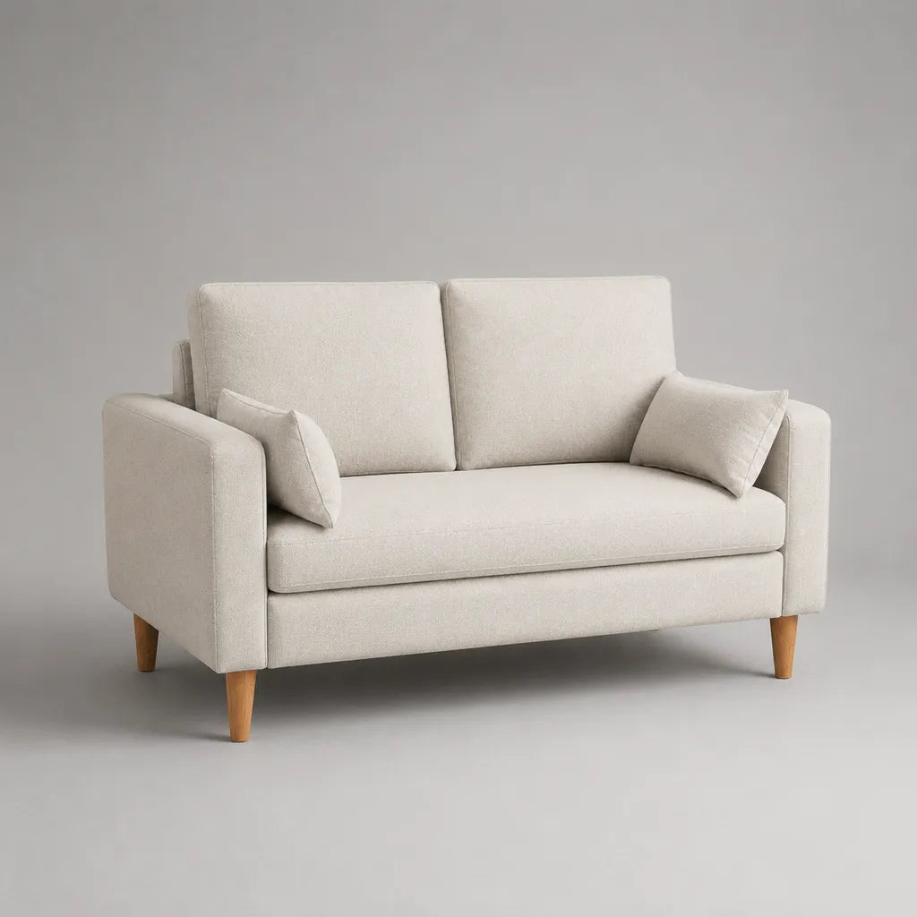 Canapé droit 2 places en tissu écru avec 2 coussins, 150 x 82 x 84 cm