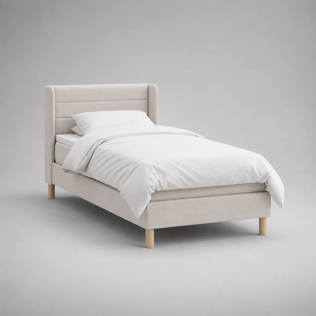 Lit simple rembourré en tissu et bois, beige clair, couchage 90 × 190 cm, dimensions 101 × 204 × 110 cm