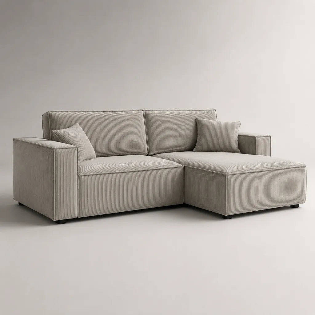 Canapé d’angle 3 places en velours côtelé polyester beige grège avec méridienne à droite, 230 × 155 × 85 cm