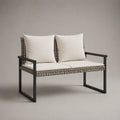 Banc extérieur 2 places en acier et résine tressée gris anthracite avec 4 coussins écrus, 120 × 65 × 82 cm