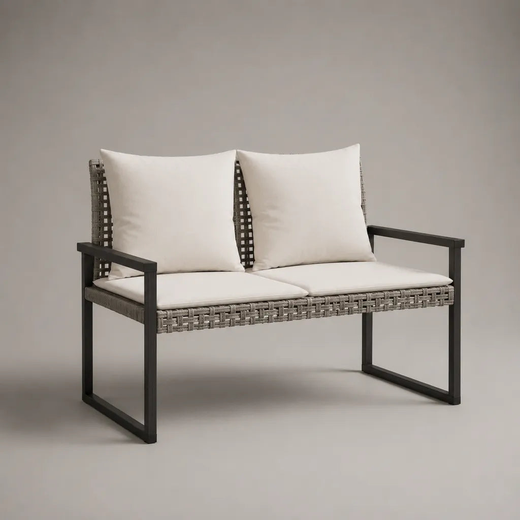 Banc extérieur 2 places en acier et résine tressée gris anthracite avec 4 coussins écrus, 120 × 65 × 82 cm